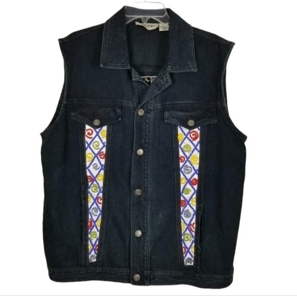 Cedars Womens Heavily Beaded Black Denim Button Vest Large Artsy Boho Vintage - Picture 2 of 12
